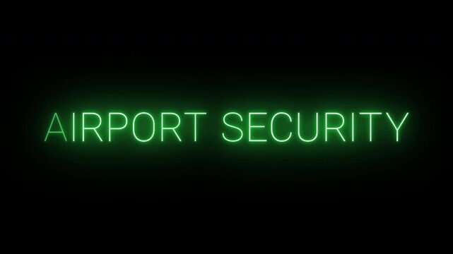 Flickering neon green airport security sign animated on black background.
