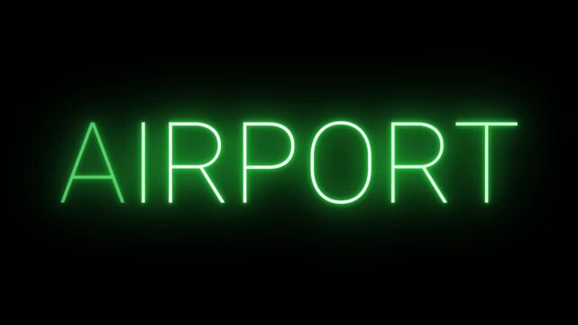 Flickering neon green airport sign animated on black background.
