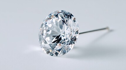 Close-up of a flawless round brilliant cut diamond mounted on a thin metal pin, set against a plain light gray background.  The diamond's facets sparkle with 