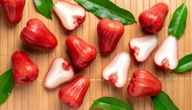 Fresh, glistening rose apples and green leaves are arranged on light brown bamboo mat surface.