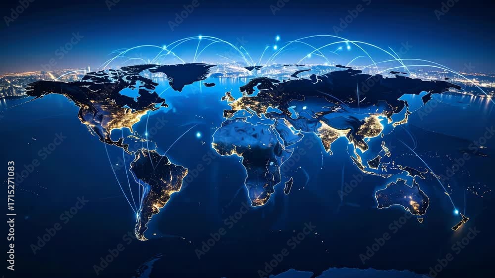 Poster world map illustration showcasing global connectivity with interconnected nodes representing global 