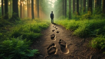 Solitary figure walks a path, marked by footprints, through a sunlit forest