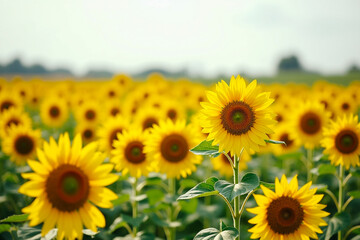 Fototapeta premium Vibrant-Sunflower-Field-Overcast-Sky-Golden-Petals-Green-Leaves