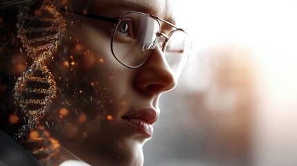 A close-up portrait of a thoughtful scientist, incorporating DNA strands and glowing elements, representing innovation and research.