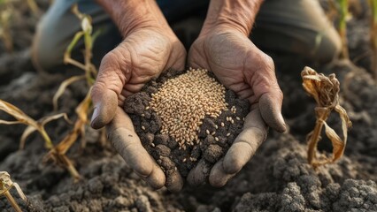 Hands holding seeds and soil in a field