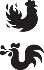 A professionally crafted vector set of two black rooster silhouettes, a fiery cock and a crowing chicken icon