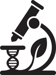 Microscope icon examining DNA helix with a plant leaf, symbolizing biotechnology and genetic research