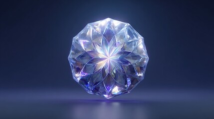 A multifaceted, luminous, iridescent gem, centrally focused against a dark, reflective backdrop