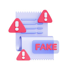 3D icon of a fake invoice with multiple warning signs For billing fraud, fake invoice scam, payment deception, financial document forgery.