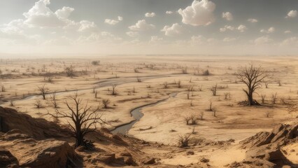 A vast, arid landscape with a dried-up riverbed, barren trees, and a hazy sky