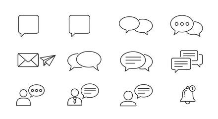 Obraz premium A collection of minimalist black outline icons for communication, chat, messaging, and user notifications.