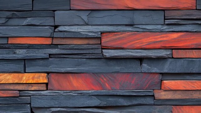 Close-up of a textured slate wall with layered dark gray and rusted orange accents.