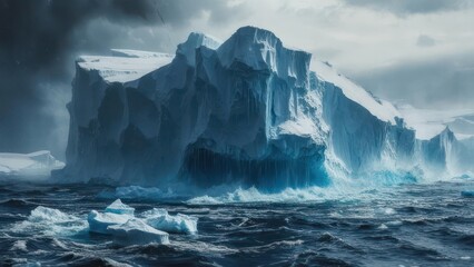Massive iceberg, dramatic icy contours, dark stormy sea