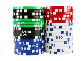 Stacks of colorful casino poker chips isolated on transparent background