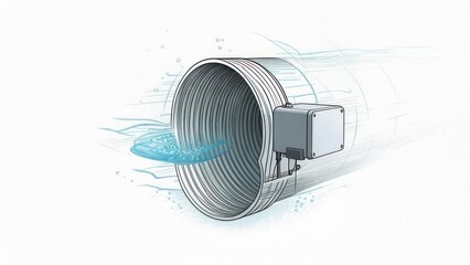 Conceptual illustration of a water flow sensor within a pipe.  Water is flowing through a section of a cylindrical pipe, a sensor box is visible