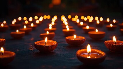 Serene scene of glowing traditional oil lamps arranged in rows for festive celebration