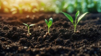 Close-up of sprouting seedlings in rich soil, bathed in warm sunlight