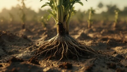 Close-up of young plant's roots in fertile soil, sunlight illuminating
