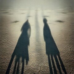 Two figures, silhouetted by shadows, stand on cracked earth