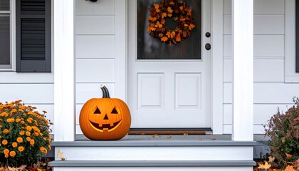 Obraz premium Autumnal House Entrance with Jack O'Lantern