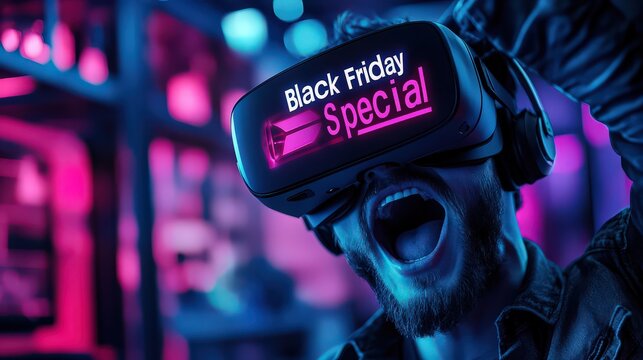 Excited man wearing vr headset with black friday special text, experiencing immersive virtual reality shopping deals and futuristic technology - Powered by Adobe