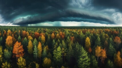 Panoramic view of a colorful autumn forest under a dramatic, dark storm cloud
