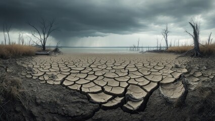 Dried lakebed under a stormy sky.  Cracked earth, dead trees