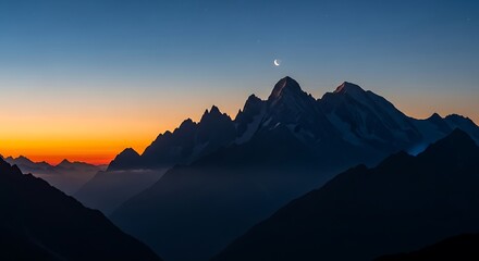 Obraz premium Crescent Moon Over Mountain Peaks at Sunset.