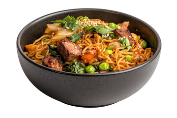 A bowl of delicious stir-fried noodles with vegetables and meat on a white background.