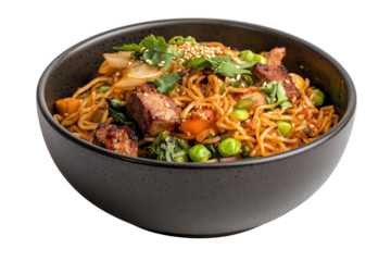 A bowl of delicious stir-fried noodles with vegetables and meat on a white background.