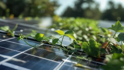 Green plants growing on solar panels. Sunlight, nature, renewable energy