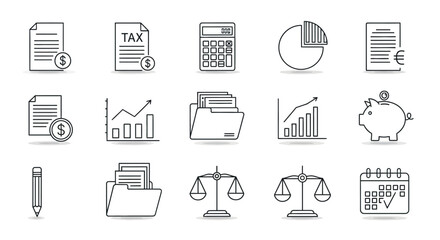 Clean outline vector icons set for finance, accounting, and business, featuring documents, charts, calculator, and scales.