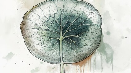 Detailed illustration of a large, round leaf, veins prominent, muted watercolor effect
