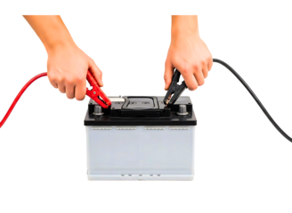 Hands using jumper cables to start a car battery isolated on transparent background
