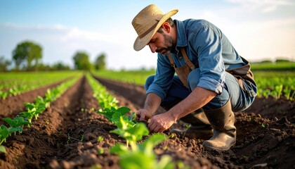 Farmer Tending to Young Plants in a Lush Field