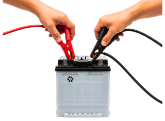 Hands using jumper cables to start a car battery isolated on transparent background