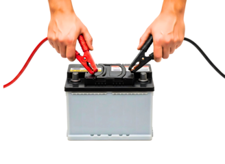 Hands using jumper cables to start a car battery isolated on transparent background