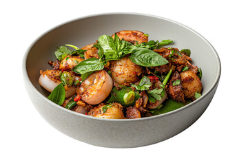 A delicious bowl of stir-fried shrimp and vegetables, garnished with fresh basil leaves.