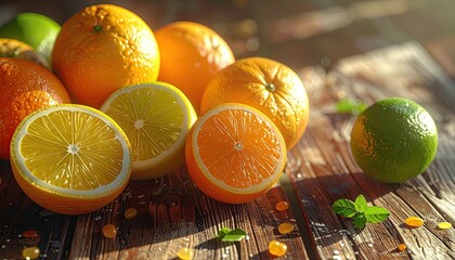 Array Of Sliced Citrus Fruits On Wood Table With Light Play And Colorful Juices