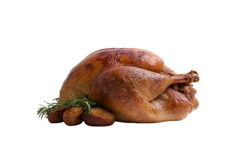 A roasted turkey garnished with herbs, served with golden-brown potatoes on a white background.