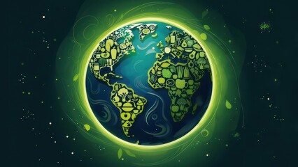Earth globe, vibrant green glow, food icons