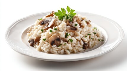 Creamy risotto, topped with sliced mushrooms and parsley on an elegant white plate