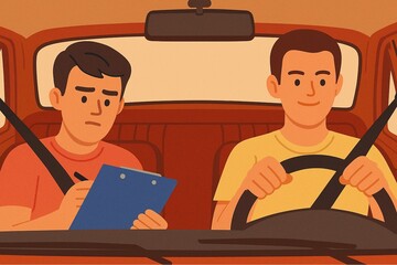 Man is driving a car to get a driving license