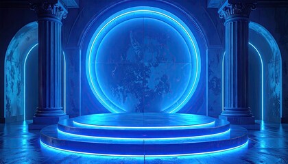 Blue Neon Lit Ancient Room with Circular Stage