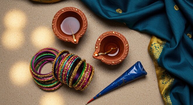 Diwali Festival Celebration with Traditional Diyas, Bangles, and Henna Cone