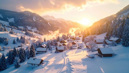 Aerial View of Snow Covered Village at Sunset in Mountains Golden Hour Sunlight Pine Trees White Snow Scenery Cabin Houses Cold Winter Day