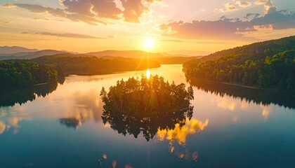 Aerial View of Sunset Over Island Landscape with Water Reflection and Warm Glowing Light in Idyllic Natural Scene