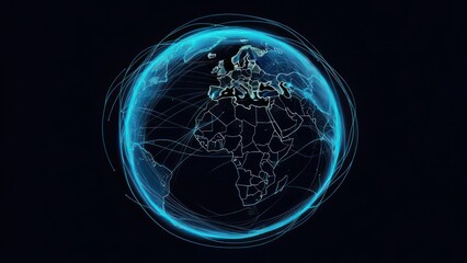 A glowing, digital globe of Earth, centered in a dark background, highlighting Europe and Africa.  Lines and trails suggest connections or movement