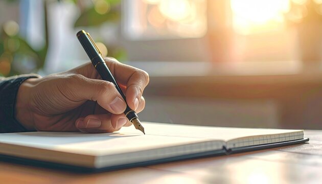 Hand Writing in Notebook Near Window with Warm Light
