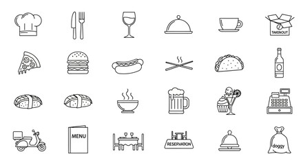 Collection of Hand-Drawn Restaurant and Food Icons in Black and White Outlines.